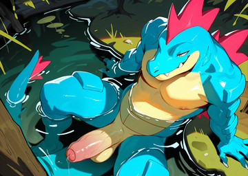anthro back_spines balls big_penis biped blue_body blue_scales bodily_fluids claws countershade_face countershading erection foreskin genital_fluids genitals glans glistening glistening_body glistening_genitalia glistening_penis grass half-closed_eyes hand_on_ground head_spines leaking_precum leaning leaning_back looking_forward male male_anthro narrowed_eyes nipples outside penis pink_glans pink_nipples plant precum precum_string scales sharp_teeth sitting_in_water smile smirk solo spread_legs spreading tail tan_body tan_countershading teeth vein veiny_penis water white_claws yellow_eyes pokeslutt nintendo pokemon alligator alligatorid crocodilian feraligatr generation_2_pokemon pokemon_(species) reptile scalie hi_res