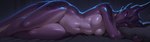 anthro bed breasts featureless_breasts female furniture genitals glistening glistening_body glistening_scales head_on_pillow horn innie_pussy looking_at_viewer lying multicolored_body multicolored_scales navel non-mammal_breasts nude on_side pillow pillow_hug purple_body purple_eyes purple_scales purple_sclera pussy scales small_breasts smile smiling_at_viewer solo two_tone_body two_tone_scales ultrawide scalesai dragon scalie absurd_res hi_res