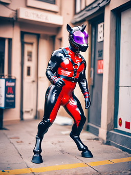 anthro armor bulge collar cuff_(restraint) dancing drone harness headgear helmet hooves horn latex male ponyrealism_(model) purple_visor restraints slave solo street visor ssurgul little_horn equid equine mammal unicorn hi_res