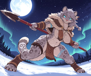 4_toes 5_fingers abs accessory anthro arm_markings athletic athletic_anthro athletic_female big_breasts biped black_claws black_spots blue_eyes blue_markings bottomwear braided_hair breast_curtains breasts brown_clothing capelet claws clothed clothed_anthro clothed_female clothing countershade_torso countershading covered_nipples cute_fangs detailed_background digitigrade evergreen_tree eyebrows eyelashes feather_in_hair feathers feet female female_anthro finger_claws fingers footwear forest full_moon fur fur_trim_(clothing) glint glowing glowing_eyes grey_body grey_fur grey_hair grey_markings grey_spots grey_tail hair hair_accessory hindpaw holding_melee_weapon holding_object holding_polearm holding_weapon inner_ear_fluff jewelry leg_markings legband legwear leopard_spots loincloth looking_at_viewer loose_feather markings melee_weapon moon mountain multicolored_body multicolored_fur multicolored_tail muscular muscular_anthro muscular_female muscular_legs nature nature_background navel necklace night outside partially_clothed paws pine_tree pink_nose plant polearm pose side_boob skimpy sky snow snowing solo spear spots spotted_body spotted_fur spotted_markings spotted_tail spread_legs spreading standing star starry_sky tail tail_markings tattoo thick_thighs toe_claws toeless_footwear toes tooth_necklace topwear tree tribal tribal_tattoo tuft weapon white_body white_breasts white_countershading white_fur wide_hips winter burioth felid mammal pantherine snow_leopard detailed digital_media_(artwork) full-length_portrait hi_res portrait
