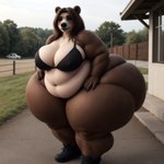 anthro belly big_belly big_butt black_nose boots bra brown_hair butt claws clothing female footwear girlswithsnouts hair hi_res huge_butt huge_thighs hyper hyper_butt hyper_thighs mammal solo thick_thighs underwear ursid