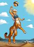 action_pose beach bottomless bottomless_female bottomless_taur bra clothed clothing countershading female fur hair jumping long_hair orange_body orange_fur pose sand seaside solo sport sports_bra underwear volleyball water white_hair halfcerberus felid feline mammal taur hi_res