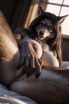 anthro bedroom big_breasts breasts canid canine female fingering genitals hi_res mammal nipples pussy smile solo vaginal vaginal_fingering were werecanid werecanine werewolf