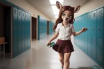 aiko anthro book bottomwear brown_hair clothing cub female hair hallway locker looking_at_viewer school skirt solo teal_eyes wavy_hair young venisoncreampie venison cervid mammal hi_res