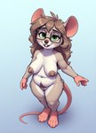 anthro breasts brown_hair brown_nipples brown_nose buckteeth chest_tuft claws elderly_female eyewear female genitals glasses gradient_background green_eyes hair high-angle_view innie_pussy long_hair looking_at_viewer mouse_ears mouse_paws mouse_tail multicolored_body nipples nude open_mouth open_smile pubes pussy sagging_breasts simple_background slightly_chubby smile tan_body teeth tuft two_tone_body wide_hips nightdancer mammal mouse murid murine rodent full-length_portrait hi_res portrait