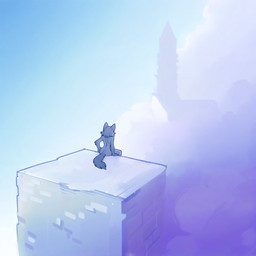 5_fingers anthro blue_sky brick_wall cloud female fingers hair high-angle_view landscape nude outside rear_view short_hair simple_background sitting sky solo tail_tuft tower tuft wall_(structure) adragocult canid canine mammal absurd_res blue_and_white hi_res monochrome restricted_palette shaded simple_shading