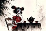 anthro arachnid arthropod beverage chair eternal female furniture hi_res muffet open_mouth simple_background smile solo spider tea teapot undertale_(series)