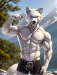 abs absurd_res anthro areola bottomwear bulge bumblebee95 canid canine canis clothed clothing detailed detailed_background detailed_fur flexing hi_res jewelry looking_at_viewer male mammal midriff muscular narrowed_eyes navel necklace nipples pecs pose pubes realistic seductive shorts skimpy smile solo topless wolf