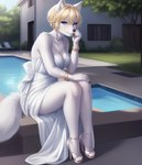 anthro black_nose blonde_hair blue_eyes bracelet breasts canid canine cleavage clothed clothing cocktail_dress dress female footwear fox fur gold_(metal) gold_jewelry hair hand_on_cheek high_heels isengrim jewelry looking_at_viewer mammal outside pool poolside seductive short_hair sitting solo stilleto_heels white_body white_clothing white_fur