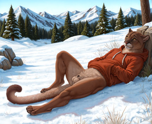 4_toes animal_genitalia anthro balls black_pawpads black_sheath_slit clothing day evergreen_tree feet feline_balls feline_sheath forest fully_sheathed genitals grass hands_in_both_pockets hoodie leaning leaning_back leaning_on_rock looking_up lying male mountain no_sclera on_back pawpads paws pine_tree pink_nose plant red_clothing red_hoodie red_topwear relaxing rock sheath sky snow solo tail toes topwear tree whiskers yellow_eyes drla cougar felid feline mammal hi_res