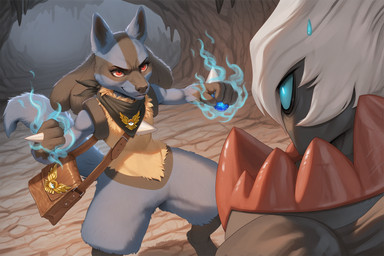 ambiguous_gender anthro badge blue_body blue_fire blue_fur bodily_fluids cave clothing colored_fire duo excited fight fighting_pose fire fur hair holding_object orb pose red_eyes scarf shoulder_bag smile standing sweat sweatdrop white_hair anonymous_director nintendo pokemon canid canine darkrai generation_4_pokemon legendary_pokemon lucario mammal pokemon_(species)