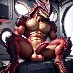 anthro armor balls bodily_fluids genital_fluids genitals male mass_effect muscular nude penis plates precum red_body smile solo space_station warrior thunderwolf alien krogan scalie absurd_res hi_res