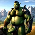 armor belly bodily_fluids body_hair bottomwear bottomwear_aside chest_hair clothing clothing_aside field genital_fluids genitals hi_res humanoid loincloth loincloth_aside male mountains musclegut nipples orc penis precum pup_tobey solo tusks world_of_warcraft