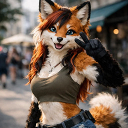 anthro belly black_clothing black_ear_tips black_gloves black_handwear black_highlights black_nose blue_bottomwear blue_clothing blue_eyes blue_jeans blue_pants bottomwear breasts clothing denim denim_clothing female gesture gloves green_clothing green_shirt green_tank_top green_topwear hair handwear highlights_(coloring) jeans jewelry looking_at_viewer necklace open_mouth pants red_body red_hair shirt smile solo tank_top topwear v_sign white_belly ksihddpv canid canine mammal