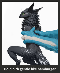 4_fingers ambiguous_gender anthro beak black_body black_fur blue_body blush blush_lines border claws duo feathers female fingers fluffy fluffy_fur fur grabbing_from_behind green_sclera grey_claws hand_between_legs head_turned holding_partner lifting_partner looking_at_viewer markings neck_tuft rear_view simple_background size_difference slim smile sparkles spots spotted_body spotted_fur surprise suspended_in_midair tail_feathers text tuft oldhroft shadow_(oldhroft) stratos_(labradoor) avian velari english_text hi_res meme
