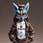 1:1 anthro clothing dreadlocks generation_4_pokemon half-length_portrait harmfulpilot jacket kobi looking_at_viewer lucario male pilot pokemon_(species) portrait solo topwear