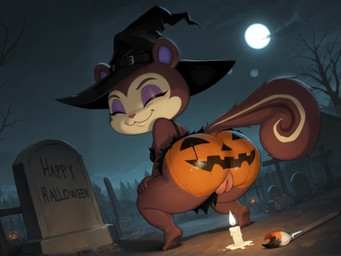 anthro anus butt butt_focus candle cemetery clothing darkness female genitals grok_imagine halloween hat headgear headwear humming jack-o'-lantern magic_user pumpkin_butt pussy solo tombstone twerking witch witch_clothes witch_hat mirakelpung animal_crossing nintendo pecan_(animal_crossing) mammal rodent sciurid animated short_playtime sound webm