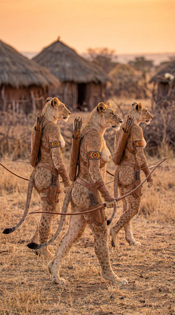 anthro armband arrow_(weapon) belt bow_(weapon) breasts butt female female/female group hut knife leather_straps nipples nude outside quiver_(object) ranged_weapon sunrise tasteful_nudity tribal trio weapon tribalcat felid lion mammal pantherine absurd_res hi_res