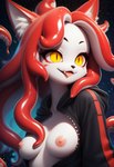 anthro blep breasts chromatic_aberration clothed clothing depth_of_field exposed_breasts fangs female fur hair hoodie inner_ear_fluff markings nipples pseudo_hair pupils red_hair red_markings simple_background slim slit_pupils smile solo solo_focus tentacle_hair tentacles tongue tongue_out topwear tuft unzipped vulpine white_body white_fur yellow_eyes redactedpaws canid canine fox mammal absurd_res hi_res