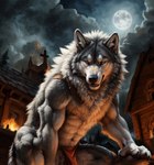 abs black_nose bottomwear canid canine canis church clothing cloud cross crouching fire full_moon inner_ear_fluff keebler loincloth low-angle_view male mammal moon paws semi-anthro smoke solo tuft were werecanid werecanine werewolf wolf yellow_eyes