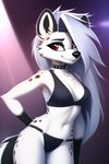 alternate_species anthro black_clothing breasts canid cleavage clothed clothing collar female fur hair hardboildchicken hyaenid loona_(helluva_boss) mammal portrait red_eyes seductive skimpy smile solo three-quarter_portrait underwear white_body white_fur white_hair