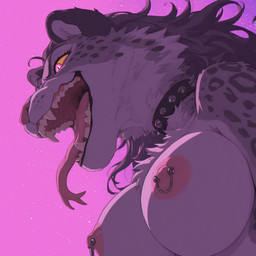 big_breasts black_hair breasts cheek_tuft collar facial_tuft hair long_tongue medium_hair mouth_shot nipple_piercing nipples open_mouth piercing pink_background simple_background snow_leopard_markings spiked_collar spikes tongue tongue_out tuft yellow_sclera felid mammal pantherine snow_leopard hi_res