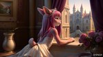 anthro castle clothing crown curtains curtains_open detailed_background dress female flower fur furniture hair leaning leaning_forward photo picture_frame pink_body pink_fur pink_hair plant rose_(flower) scut_tail short_tail solo table tiara vase wedding_dress window young sponch lagomorph leporid mammal rabbit absurd_res hi_res