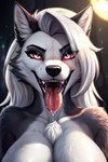 anthro backlighting bodily_fluids breasts dripping female fur grey_body grey_fur hair light open_mouth red_eyes saliva saliva_drip solo suggestive_look white_body white_fur white_hair l649000 loona_(helluva_boss) canid canid_demon demon hellhound mammal hi_res lighting