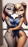 anthro arm_around_waist bedroom_eyes clothing duo ears_down embrace female female/female hug inside looking_at_viewer narrowed_eyes one-piece_swimsuit pivoted_ears seductive smile swimwear zootopia devolpe judy_hopps lola_bunny lagomorph leporid mammal rabbit