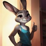 anthro disney ears_up female gesture grin hand_on_hip inside looking_at_viewer smile solo tanktop thumbs_up blep_(director) zootopia judy_hopps lagomorph leporid mammal rabbit