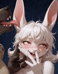 anthro biped blush bodily_fluids duo female prick_ears red_eyes saliva teeth teeth_showing tongue tongue_out tounge anonymous_director invoke_high hyaenid lagomorph leporid mammal rabbit hi_res