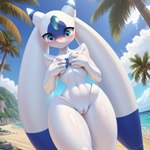 anthro beach big_eyes blue_body blue_eyes blush breasts cloud covering covering_breasts curvy_figure embarrassed female genitals glistening glistening_body holding_breast looking_down mouthless navel outdoors palm_tree palworld plant pussy rock sand sea seaside small_breasts small_waist solo tree water white_body rustingrust lunaris alien pal_(species) 1:1