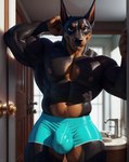 abs absurd_res anthro bathroom bedroom_eyes big_muscles big_pecs bottomwear bulge canid canine canis clothed clothing code_0_0 compression_shorts detailed_bulge dobermann domestic_dog door grin hand_behind_head hi_res looking_at_viewer male mammal muscular muscular_male narrowed_eyes partially_clothed pecs pinscher pinup pose seductive shorts smile solo standing thick_thighs