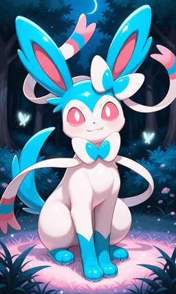 bowtie feelers feral flower forest forest_background glowing grass looking_at_viewer moon n nature nature_background night pink_sclera plant ribbons smile smiling_at_viewer solo tail tree yiff_ai_(director) nintendo pokemon arthropod butterfly eeveelution generation_6_pokemon insect lepidopteran pokemon_(species) shiny_pokemon sylveon hi_res