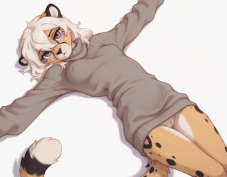 anthro black_body black_fur black_nose bottomless breasts brown_body brown_fur clothed clothing female fur genitals hair high-angle_view long_hair long_tail looking_at_viewer lying nipple_outline on_back purple_eyes pussy simple_background slim solo spots spotted_body spotted_fur spread_arms sweater topwear tuft white_background white_body white_fur white_hair foxgirlai cheetah felid feline mammal hi_res