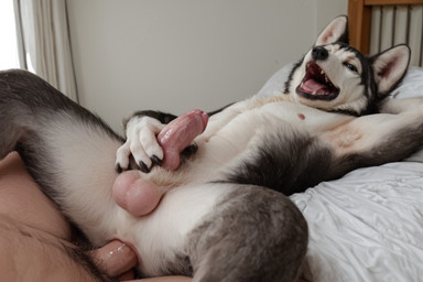 anal anal_penetration animal_genitalia animal_penis anthro anthro_penetrated balls bed canine_genitalia canine_penis duo erection fur furniture genitals human_on_anthro human_penetrating human_penetrating_anthro interspecies looking_at_viewer lying male male/male male_penetrated male_penetrating male_penetrating_male masturbation multicolored_body multicolored_fur nude penetration penile penile_masturbation penis photorealism realistic sex solo_focus tongue white_body white_fur chromamancer canid canine canis domestic_dog human husky mammal nordic_sled_dog spitz hi_res