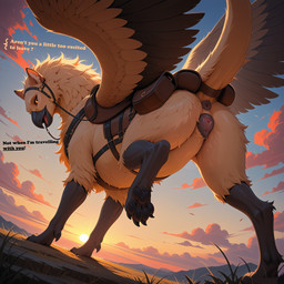 animal_genitalia animal_pussy canine_genitalia canine_pussy dutch_angle female feral genitals golden_hour presenting presenting_pussy pussy red_cloud saddle saddle_bag solo sunset text retr-1 avian gryphon mythological_avian hi_res