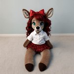 anthro bottomwear bow_ribbon brown_body brown_fur cervid clothing fan_character female fur hair hi_res hornybunny indigo_furry_mix_v95_realistic mammal plushie red_bottomwear red_clothing red_hair red_skirt shirt skirt solo stuffed_animal teal_eyes topwear venisoncreampie white_clothing white_shirt white_topwear