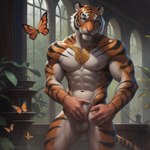 anthro arthropod balls bulgewhisper butterfly felid genitals hand_on_crotch insect lepidopteran male male/male mammal muscular nipple_piercing nipples pantherine piercing solo standing tiger