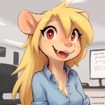 anthro blonde_hair blush breasts clothing female fur hair happy office_clothing red_eyes shirt solo tan_body tan_fur teeth topwear mila_minx mammal mink mustelid musteline true_musteline hi_res