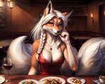 anthro braided_hair breasts canid canine clothing container cup diner dress drinking_glass eating female food fox fur glass glass_container glass_cup hair halfcerberus hi_res jewelry mammal multi_tail necklace orange_body orange_eyes orange_fur red_clothing red_dress romantic seductive smile smiling_at_viewer solo white_body white_fur white_hair wine_glass