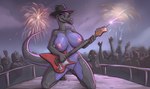 anthro big_breasts breasts clothing female fireworks genitals guitar hat headgear headwear itsnotme musical_instrument nipples non-mammal_breasts non-mammal_nipples nude on_knees playing_guitar playing_music plucked_string_instrument pussy solo string_instrument generation_7_pokemon pokemon_(species) salazzle scalie hi_res