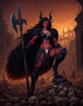 anthro armor bone city_destruction detailed_background embers fantasy female fire fur_clothing group halberd horn melee_weapon polearm red_body red_eyes skull weapon tricktronics background_character kobold detailed hi_res