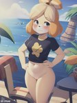 animal_crossing anthro beach black_clothing black_shirt black_topwear blonde_hair blush bottomless breasts canid chair clothed clothing female fur furniture genitals hair hands_on_hips hi_res isabelle_(animal_crossing) looking_away mammal medium_breasts pussy sea seaside shirt sklimaa smile solo t-shirt table topwear trees water yellow_body yellow_fur