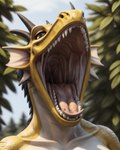 ambiguous_gender anthro arvirth bodily_fluids dragon dragon_longsword gaping_mouth green_eyes hi_res looking_at_viewer mouth_shot open_mouth oral_invitation presenting_mouth realistic saliva scales sharp_teeth solo teeth tongue vore yellow_body yellow_scales