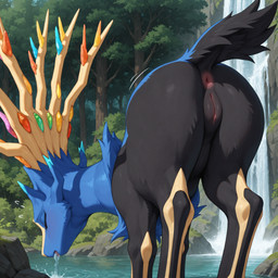 anus drinking female feral forest genitals outside plant pussy solo tree waterfall solbr nintendo pokemon generation_6_pokemon legendary_pokemon pokemon_(species) xerneas hi_res