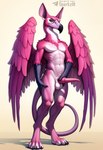 anthro balls beak claws erection feathered_wings feathers feet fur genitals hairless holding_penis looking_at_viewer male nude penis pink_body pink_feathers pink_fur pink_penis simple_background smile solo standing tail tapering_penis text toes wings sergalbutt avian bird domestic_cat felid feline felis flamingo gryphon hairless_cat hybrid mammal mythological_avian sphynx_(cat) hi_res signature url