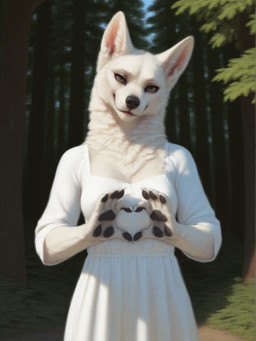 5_fingers anthro arm_tuft black_nose black_pawpads blue_sky breasts cheek_tuft chest_tuft clawed_hands claws clothed clothing day dress eyebrows facial_tuft female fingers fluffy forest forest_background fully_clothed fur gesture green_eyes hand_heart hand_tuft head_tilt head_tuft inner_ear_fluff light lips medium_breasts nature nature_background neck_tuft pawpads pink_lips plant sky smile solo sundress sunlight trail tree tuft white_body white_claws white_fur white_sundress knotanotherfurry berger_blanc_suisse canid canine canis domestic_dog herding_dog mammal pastoral_dog absurd_res hi_res