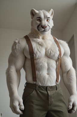 anthro barazoku bottomwear clothing fur green_clothing looking_at_viewer male muscular orange_eyes pants pecs solo suspenders whiskers white_body white_fur noobm-ai samuel_ayers cougar felid feline humanoid mammal hi_res