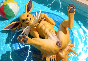 8_nipples anatomically_correct anatomically_correct_genitalia animal_genitalia animal_pussy anus ball beach_ball canine_genitalia canine_pussy day digitigrade electricity evil_grin female feral fur genitals inflatable looking_at_viewer lying multi_nipple nails neck_tuft nipples on_back outside pawpads paws pool pool_float presenting pussy raised_leg smile solo tail_anus tuft water yellow_body yellow_fur pleasedontlook nintendo pokemon eeveelution generation_1_pokemon jolteon pokemon_(species) hi_res